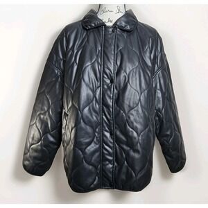 Cavalini Jacket Size 2X Black Vegan‎ Leather Classic Quilted Stand Collar Zipper